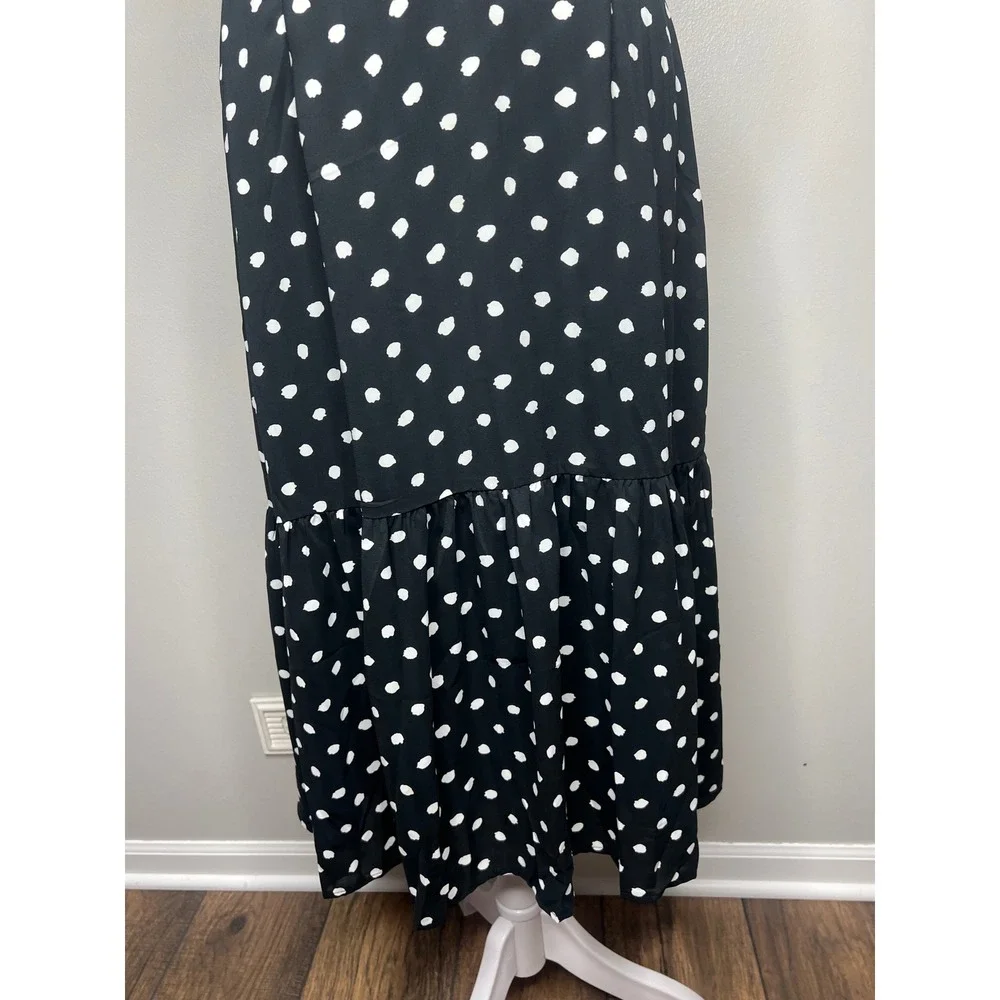Women's Black White Polka Dot Halter Midi Dress Bow Neck Tiered Ruffle M